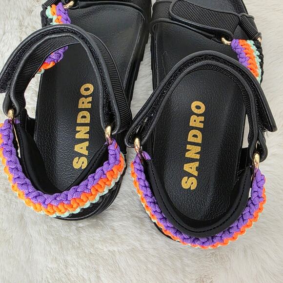 NEW Sandro Paris Black Crochet Shell Platform Sport Sandals Noir Leather EU 37 - Picture 5 of 16